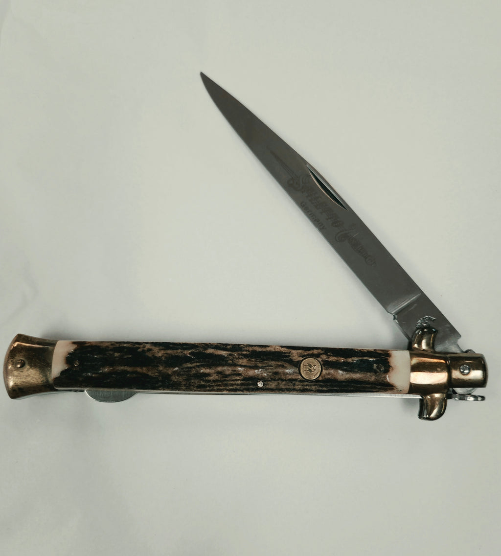 Vintage Kissing Crane Stag Handle Stiletto Folding Lock Back