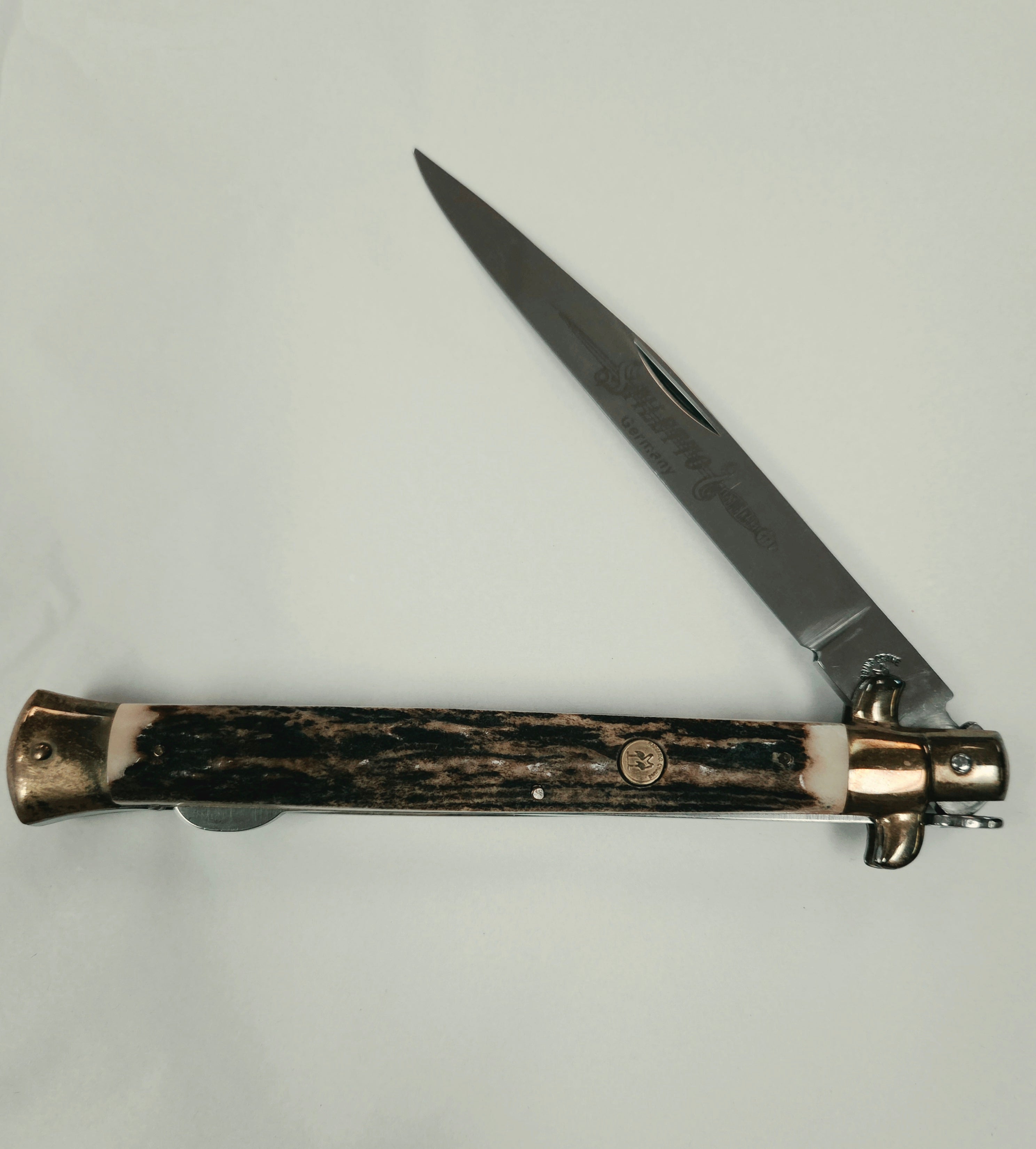 Vintage Kissing Crane Stag Handle Stiletto Folding Lock Back