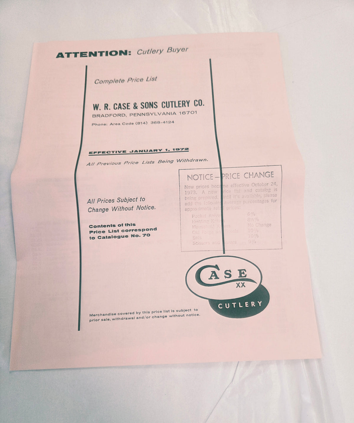W.R Case & Sons Cutlery Company 1972 Price Guide - Catalog No. 70